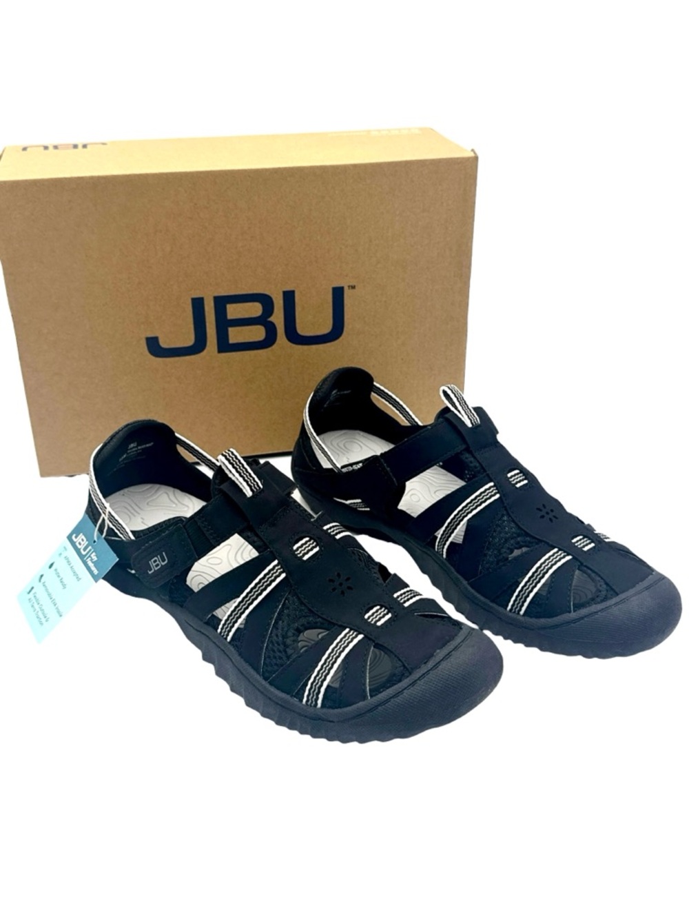 JBU Black Sandals with White Accent Stripes NWT in Original Box